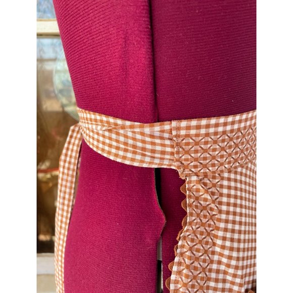 Vintage Brown Gingham Checked Smocked Embroidered Half Apron - Picture 7 of 8